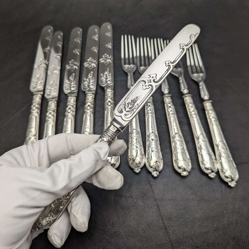 Around 1879 British Antique Sterling Silver Handle Cutlery Set in Wooden Box