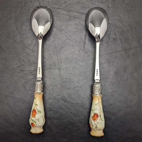 British Vintage Pottery Handle Salad Server Set