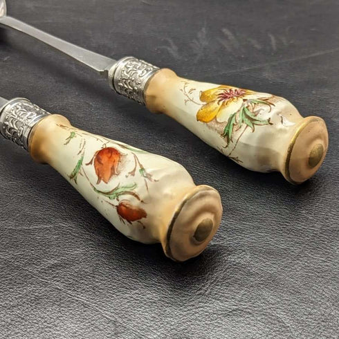 British Vintage Pottery Handle Salad Server Set