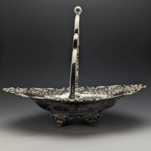British Antique Silver Plate Large Basket Flower Engraving Operating Handle 548g