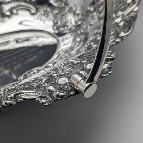 British Antique Silver Plate Large Basket Flower Engraving Operating Handle 548g