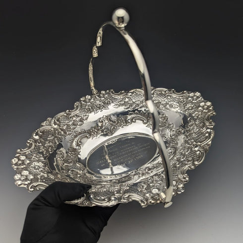 British Antique Silver Plate Large Basket Flower Engraving Operating Handle 548g