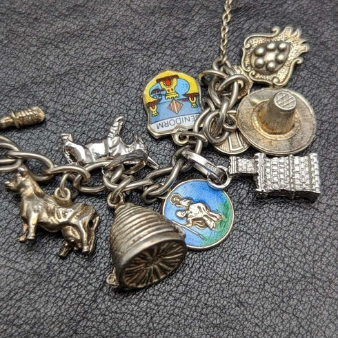 Pulsera de dijes de plata esterlina vintage británica, 69 g