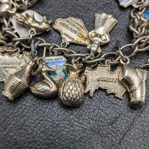 Pulsera de dijes de plata esterlina vintage británica, 69 g