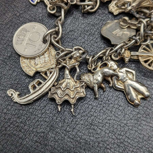 Pulsera de dijes de plata esterlina vintage británica, 69 g