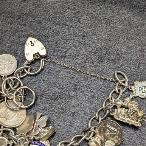 British vintage sterling silver charm bracelet 73g