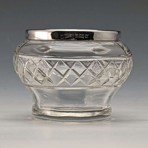 1923 British antique cut glass salt cellar pure silver decoration 61g
