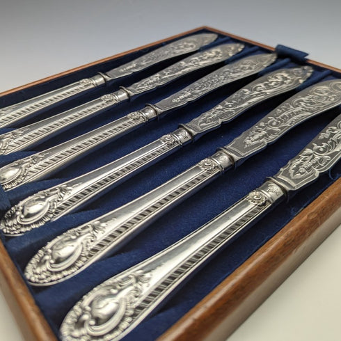 1860 English antique silver plate fish knife set of 6 in tray