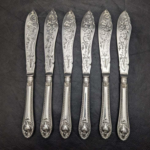 1860 English antique silver plate fish knife set of 6 in tray