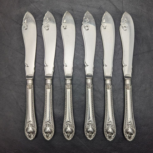 1860 English antique silver plate fish knife set of 6 in tray