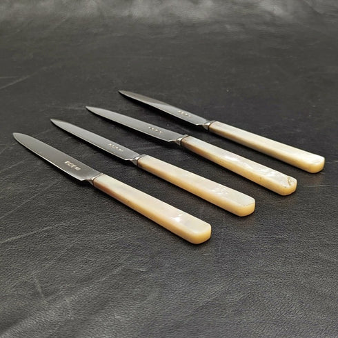 1925 年英國復古白珍珠貝殼手柄純銀刀片甜點餐具 4x2 套裝