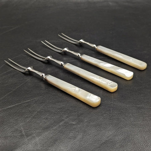 1925 年英國復古白珍珠貝殼手柄純銀刀片甜點餐具 4x2 套裝