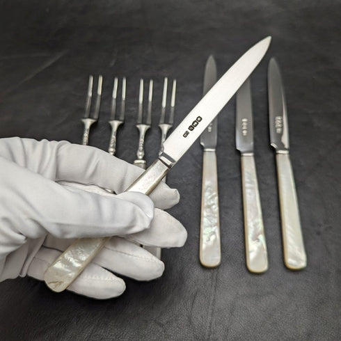 1925 年英國復古白珍珠貝殼手柄純銀刀片甜點餐具 4x2 套裝