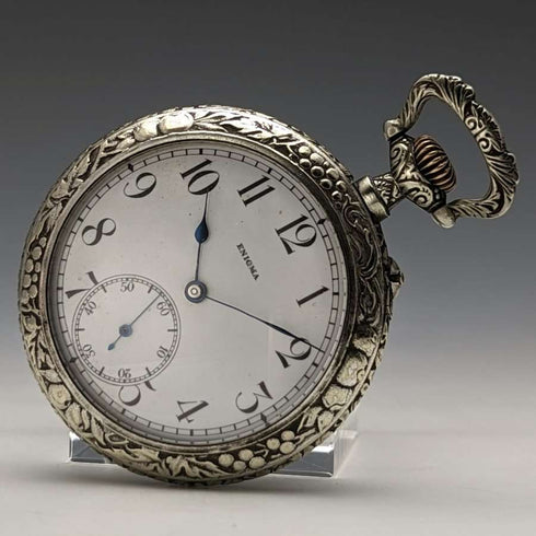 Swiss Made Vintage Enigma Pocket Watch with Horse Sculpture Alloy Case Working Good