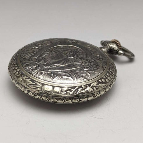 Swiss Made Vintage Enigma Pocket Watch with Horse Sculpture Alloy Case Working Good