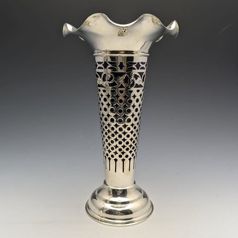 1906年 英国アンティーク 純銀製 大型花瓶ペア コバルトインナー
