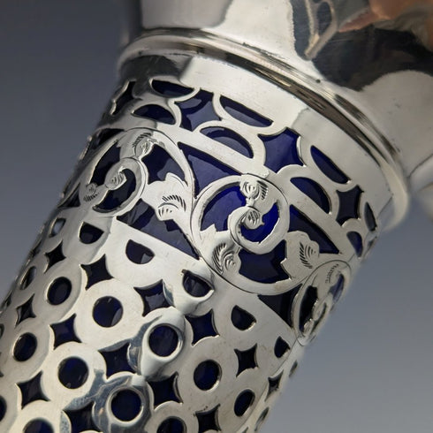 1906年 英国アンティーク 純銀製 大型花瓶ペア コバルトインナー