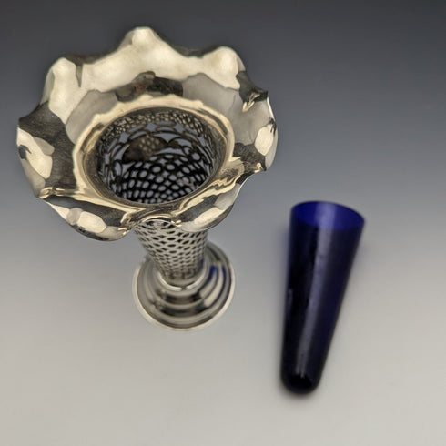 1906年 英国アンティーク 純銀製 大型花瓶ペア コバルトインナー