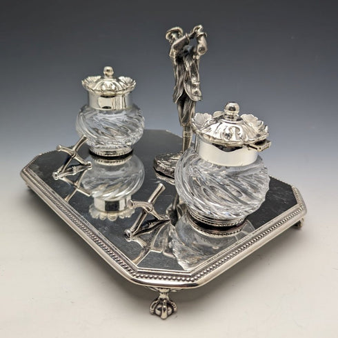 British Vintage Silver Plated Golf Design Pen Stand & Inkwell Pair
