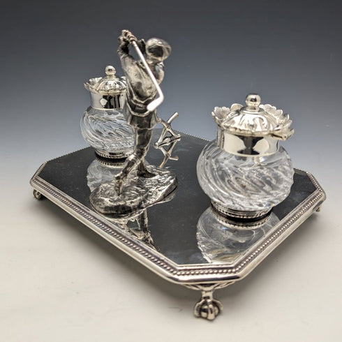 British Vintage Silver Plated Golf Design Pen Stand & Inkwell Pair