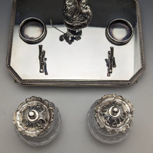 British Vintage Silver Plated Golf Design Pen Stand & Inkwell Pair