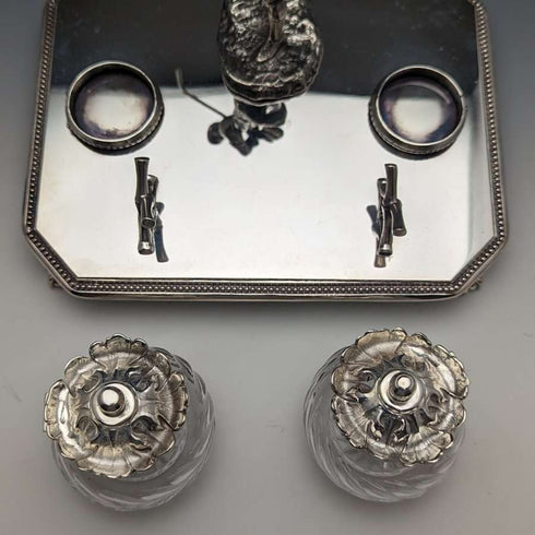 British Vintage Silver Plated Golf Design Pen Stand & Inkwell Pair