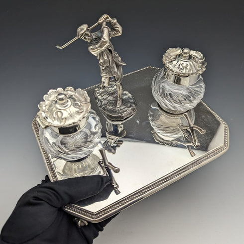 British Vintage Silver Plated Golf Design Pen Stand & Inkwell Pair