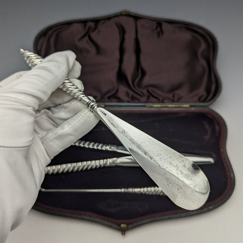 Circa 1892 British antique sterling silver handle accessory set in case