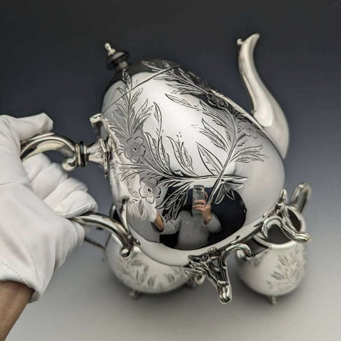 English vintage plate pewter 3-piece teapot set