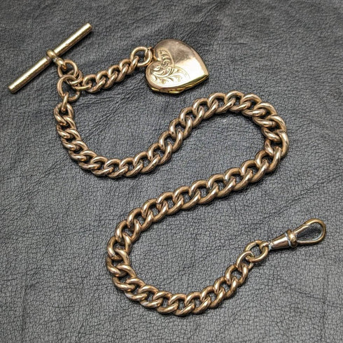 英国アンティーク ロールドゴールド アルバートチェーン 9ctゴールド ハートロケットフォブ