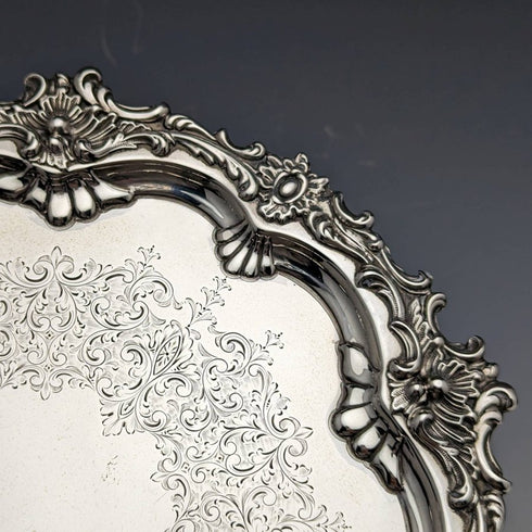 1899 British Antique Sterling Silver Salva Card Tray Diameter 21.5cm 400g Barker Bros