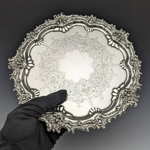 1899 British Antique Sterling Silver Salva Card Tray Diameter 21.5cm 400g Barker Bros