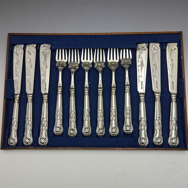1860年頃 英国アンティーク 純銀製ハンドル フィッシュカトラリーセット 6x2 トレー入