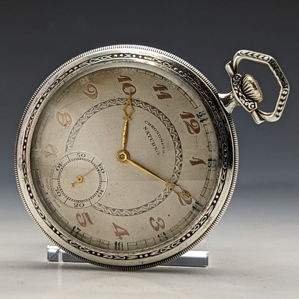 Vintage Good Working Swiss Saturno Art Deco Decorated Silver Side Pocket Watch