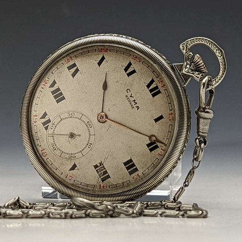 빈티지 작동 양호 시마 실버 플레이트 케이스 기계식 회중시계 (체인 포함)