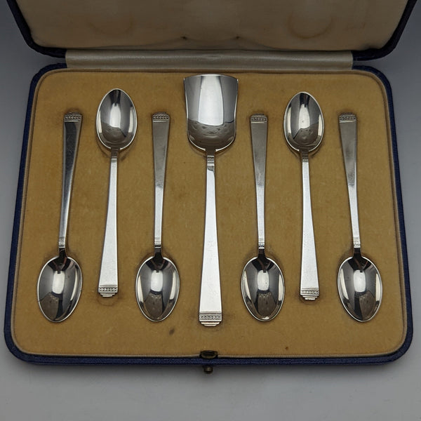 1937年 英国维多利亚时代纯银(925银)茶匙6支及糖铲套装,附原装盒,Mappin & Webb出品