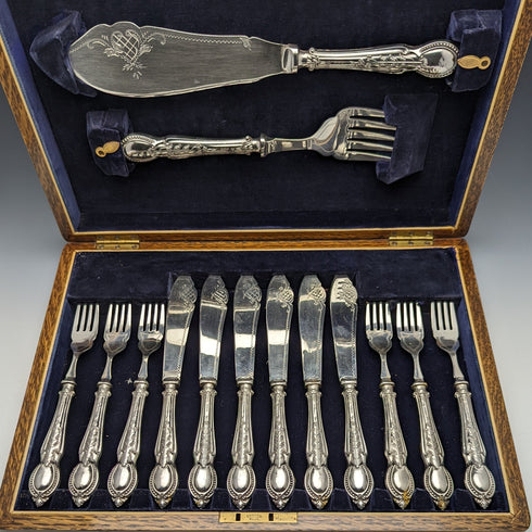 1929 British Vintage Pure Silver (925 Silver) Handle Fish Cutlery 6x2 & Server Set CH Beatson Wooden Boxed