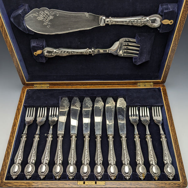 1929 British Vintage Pure Silver (925 Silver) Handle Fish Cutlery 6x2 & Server Set CH Beatson Wooden Boxed