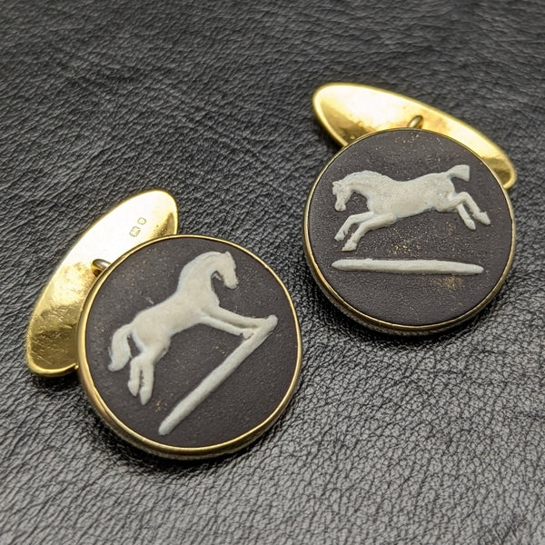 British Vintage Wedgwood Horse Relief Sterling Silver Cufflinks with Gold Decoration
