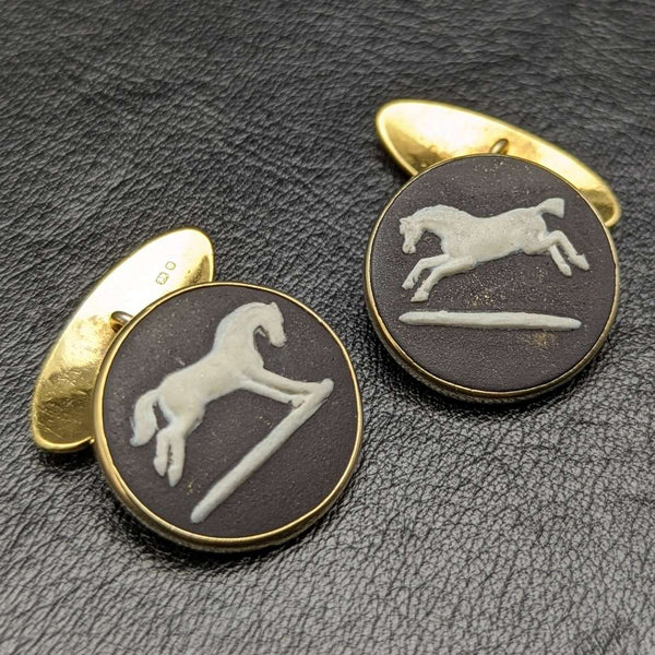 British Vintage Wedgwood Horse Relief Sterling Silver Cufflinks with Gold Decoration