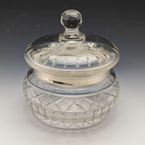1929年 英国ヴィンテージ 純銀装飾 カットグラスジャー 351g B M & Co