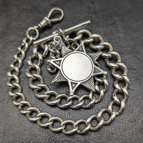 Around 1900 British Antique Pure Silver (925 Silver) Albert Chain 55g Medal Fob