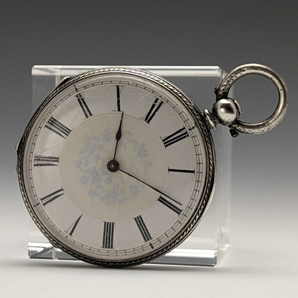 Antique Swiss made ladies' pocket watch works well floral engraving silver side case key winding