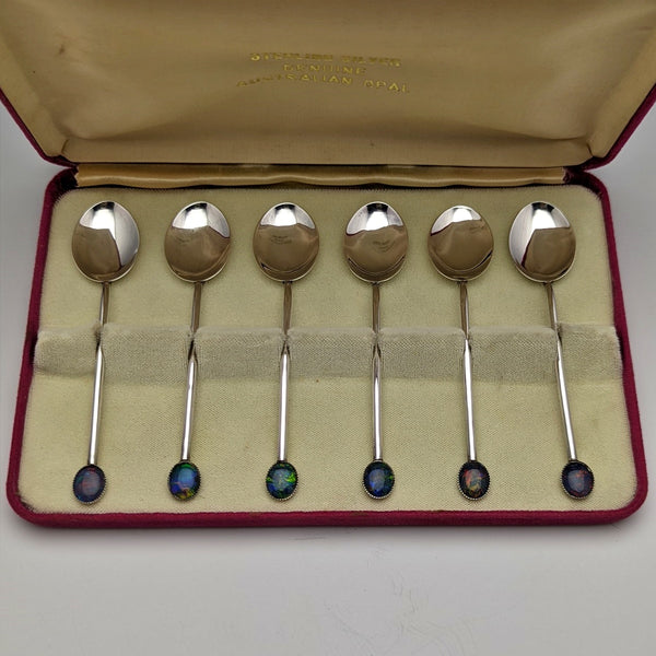 Vintage Sterling Silver Teaspoon Set of 6 Opal Decorated Case