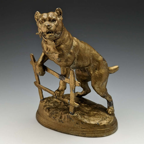 Soporte para reloj de bolsillo de bronce antiguo, circa 1900, con estatua de pitbull