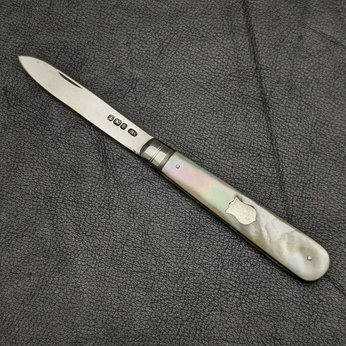 1897 British Antique Folding Pen Knife White Pearl Handle Pure Silver Blade