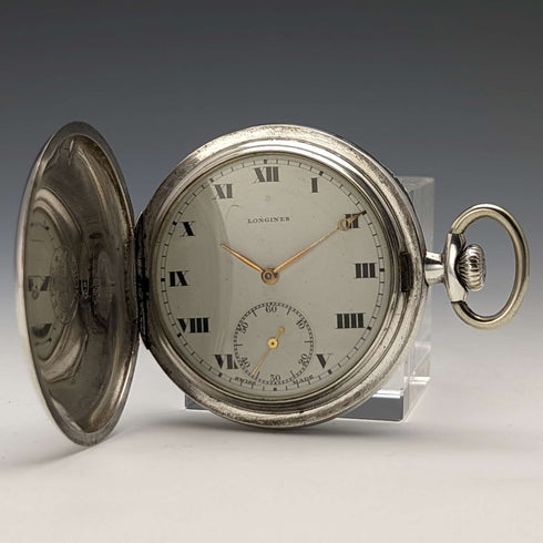 Reloj de bolsillo Longines vintage de alrededor de 1932, caja saboneta de plata, en buen estado de funcionamiento.