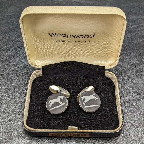 British Vintage Wedgwood Horse Relief Sterling Silver Cufflinks in Case