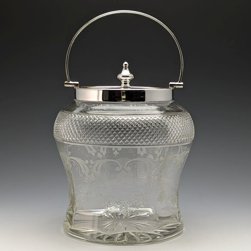 British vintage cut glass biscuit barrel silver plate lid 823g