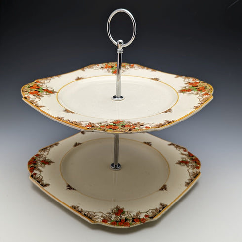 2 tier cake stand with British vintage porcelain plate